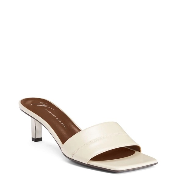 Giuseppe Zanotti Cream Leather Square Toe Kitten Heel Mules Sandals Sz 8 - Picture 3 of 16